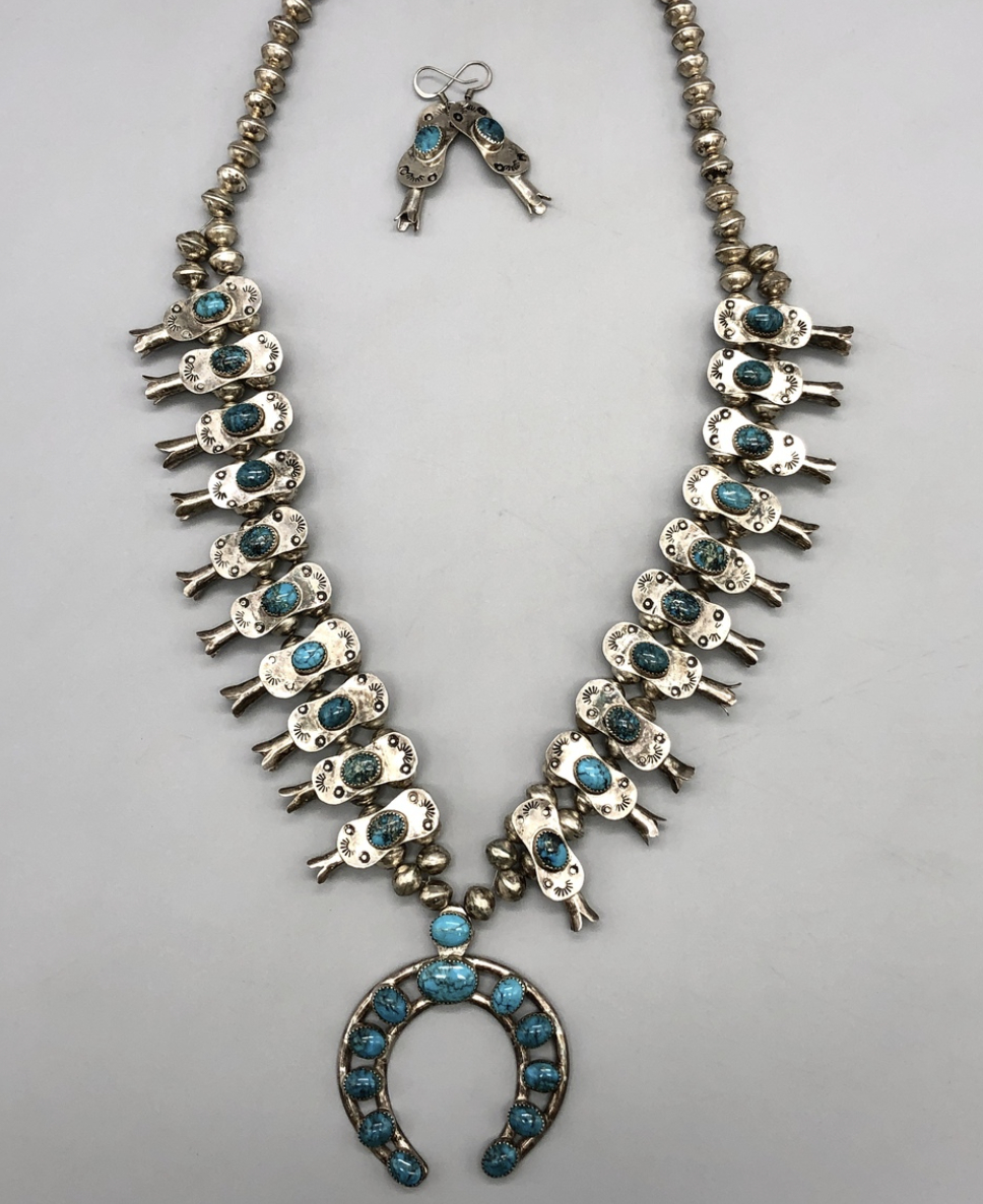Vintage Box Bow Style Squash Blossom Necklace with Earrings