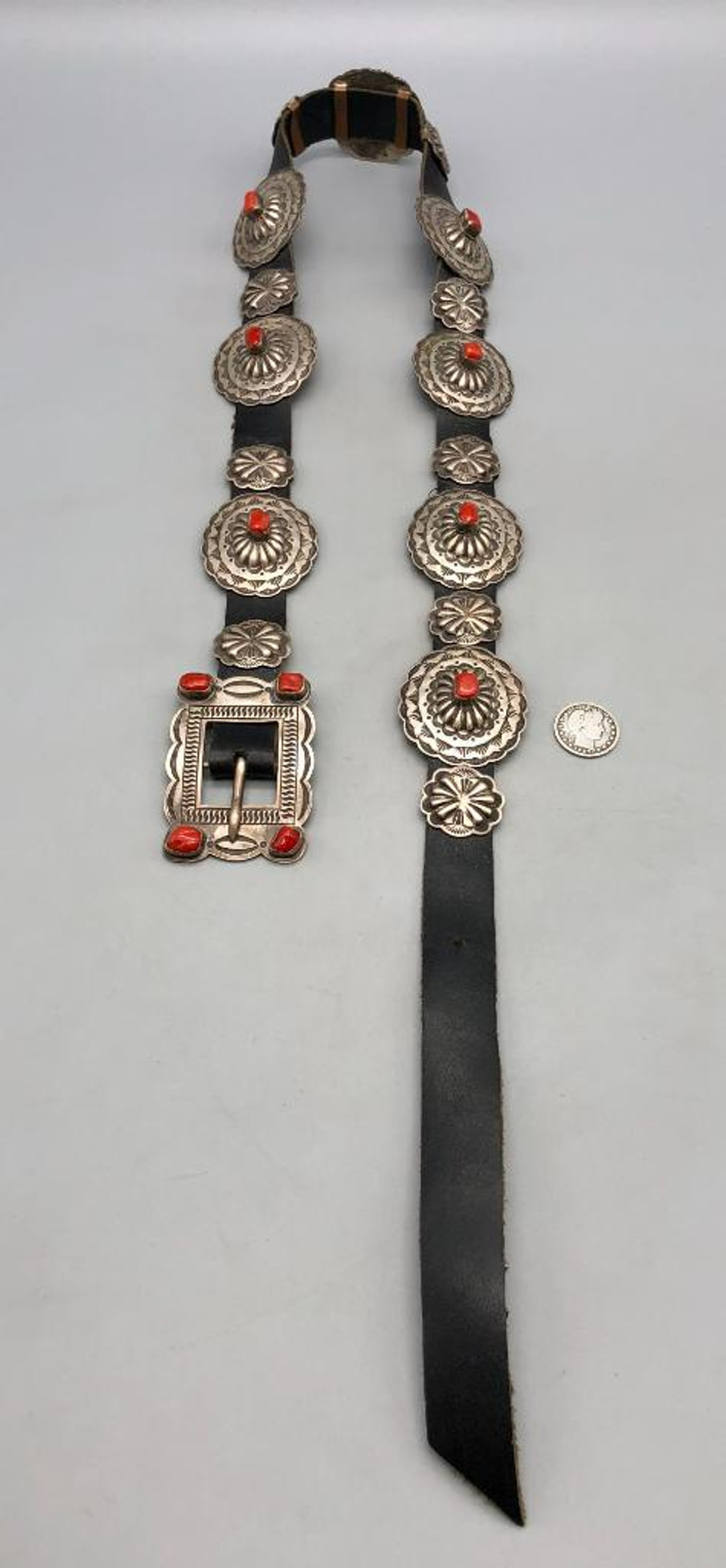 Coral and Sterling Silver Concho Belt by Red Dakota "Waddie" CrazyHorse