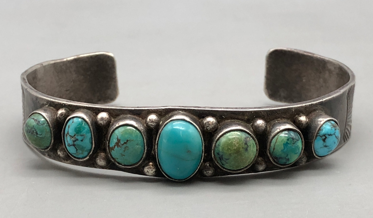 Circa 1920s Era 7 Stone Turquoise Bracelet
