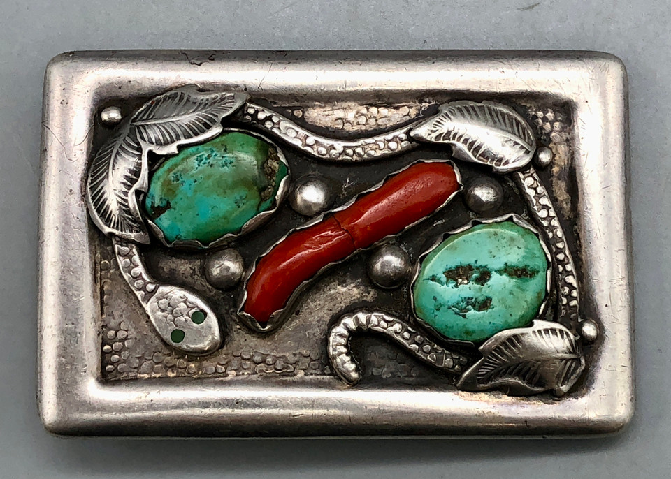 Great Older Turquoise And Coral Belt Buckle W/Snake Theme