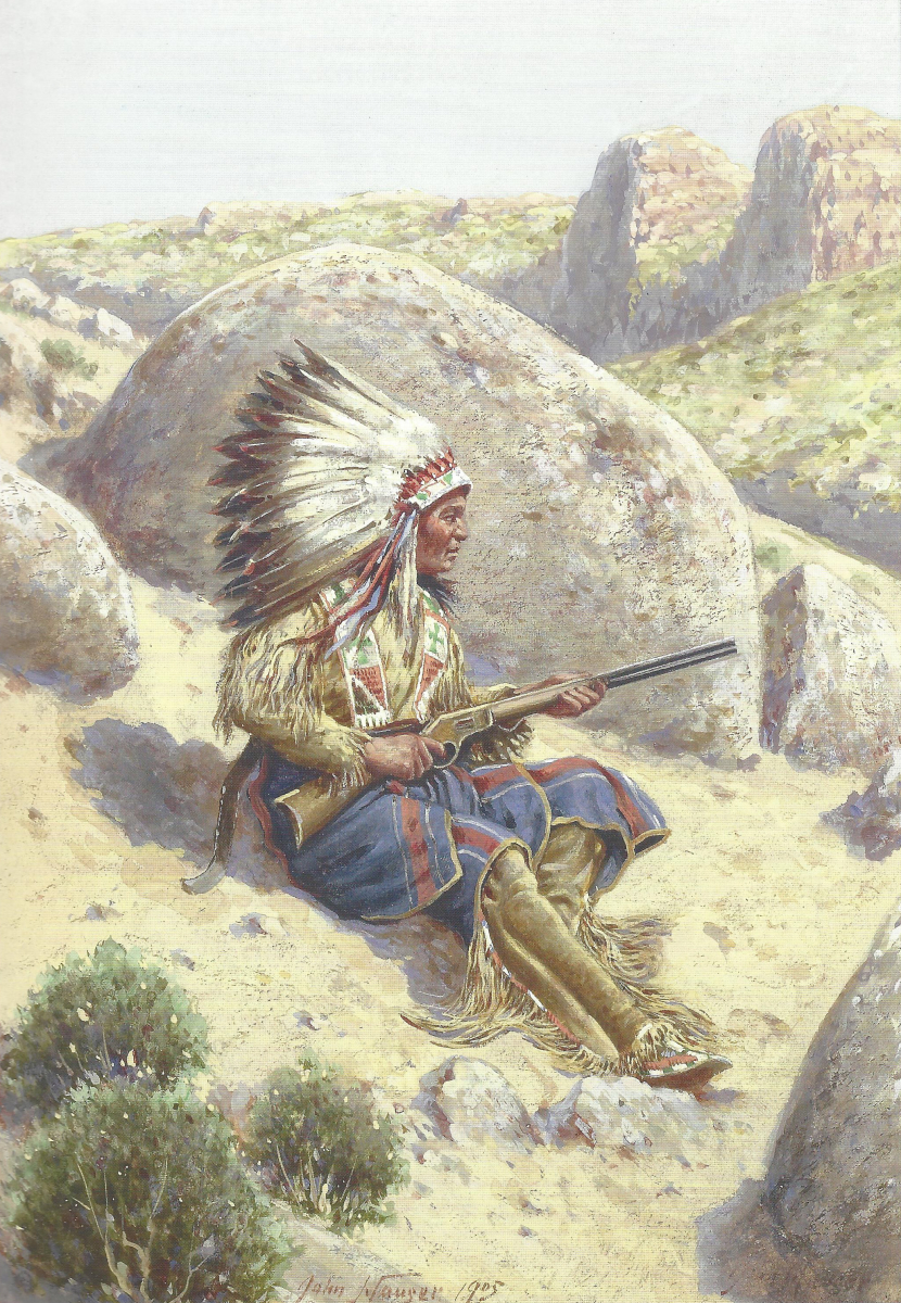 Indian Sitting on Rock with Rifle